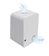 Phrozen Air Purifier Max shown at an angle with blue arrows illustrating airflow, air drawn in through the top intake and expelled through the side exhaust vent.