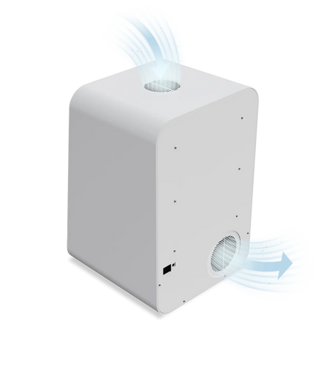 Phrozen Air Purifier Max shown at an angle with blue arrows illustrating airflow, air drawn in through the top intake and expelled through the side exhaust vent.