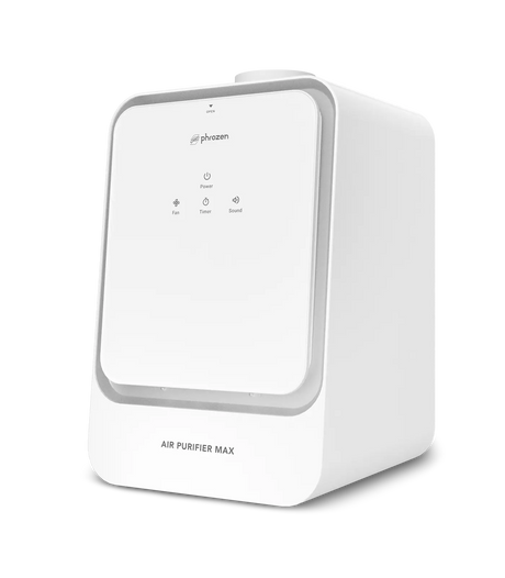 Angled view of the Phrozen Air Purifier Max showing the front touch control panel with power, fan, timer and sound icons below the Phrozen logo.