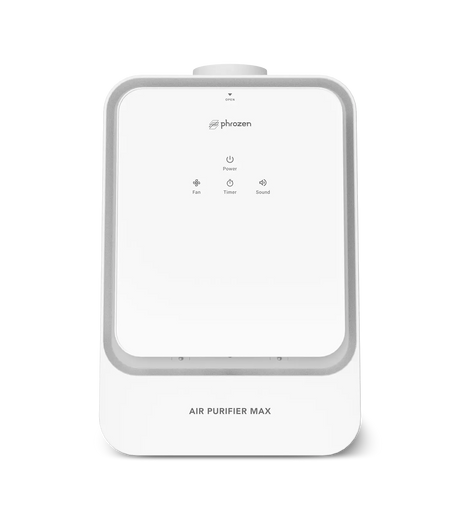 Front view of the Phrozen Air Purifier Max showing the full touch control panel with power, fan, timer and sound settings.