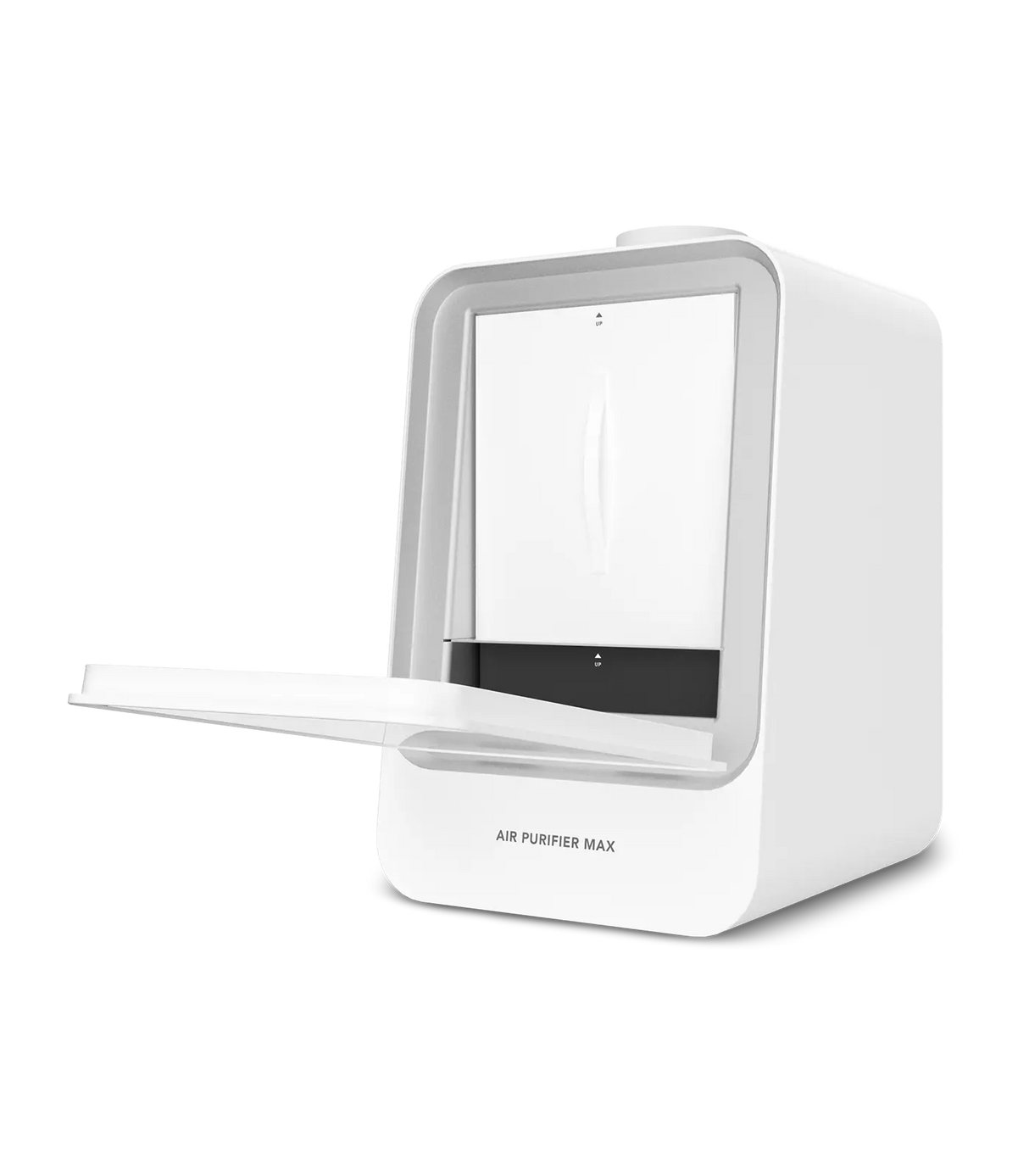 Phrozen Air Purifier Max with the door open, showing the internal filter compartment and slide out tray with the carbon filter panel visible.