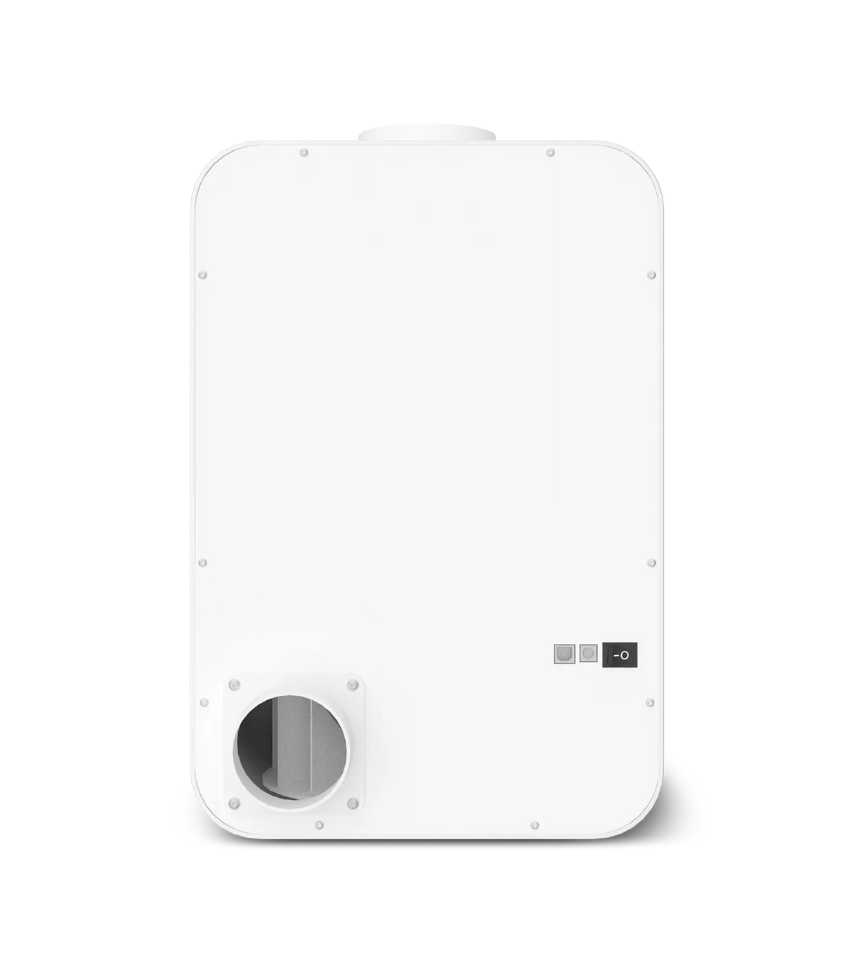 Rear view of the Phrozen Air Purifier Max showing the round exhaust duct outlet, power switch and control buttons.
