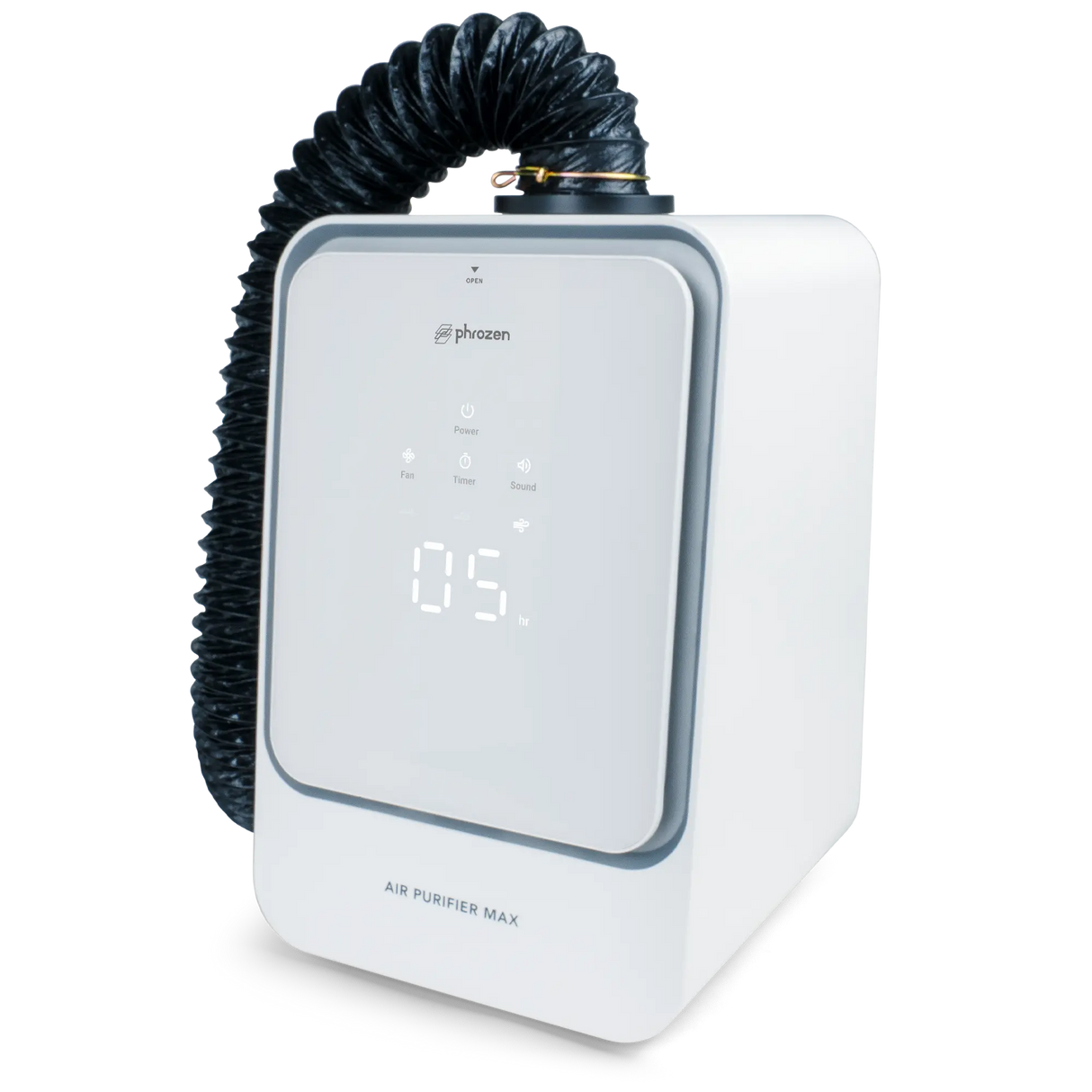 Phrozen Air Purifier Max with the black exhaust hose attached to the top port, control panel showing a five hour timer setting.