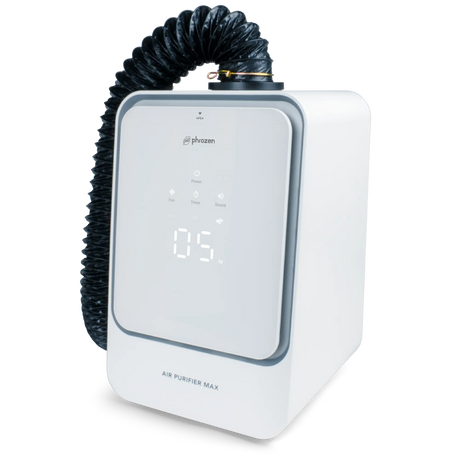 Phrozen Air Purifier Max with the black exhaust hose attached to the top port, control panel showing a five hour timer setting.