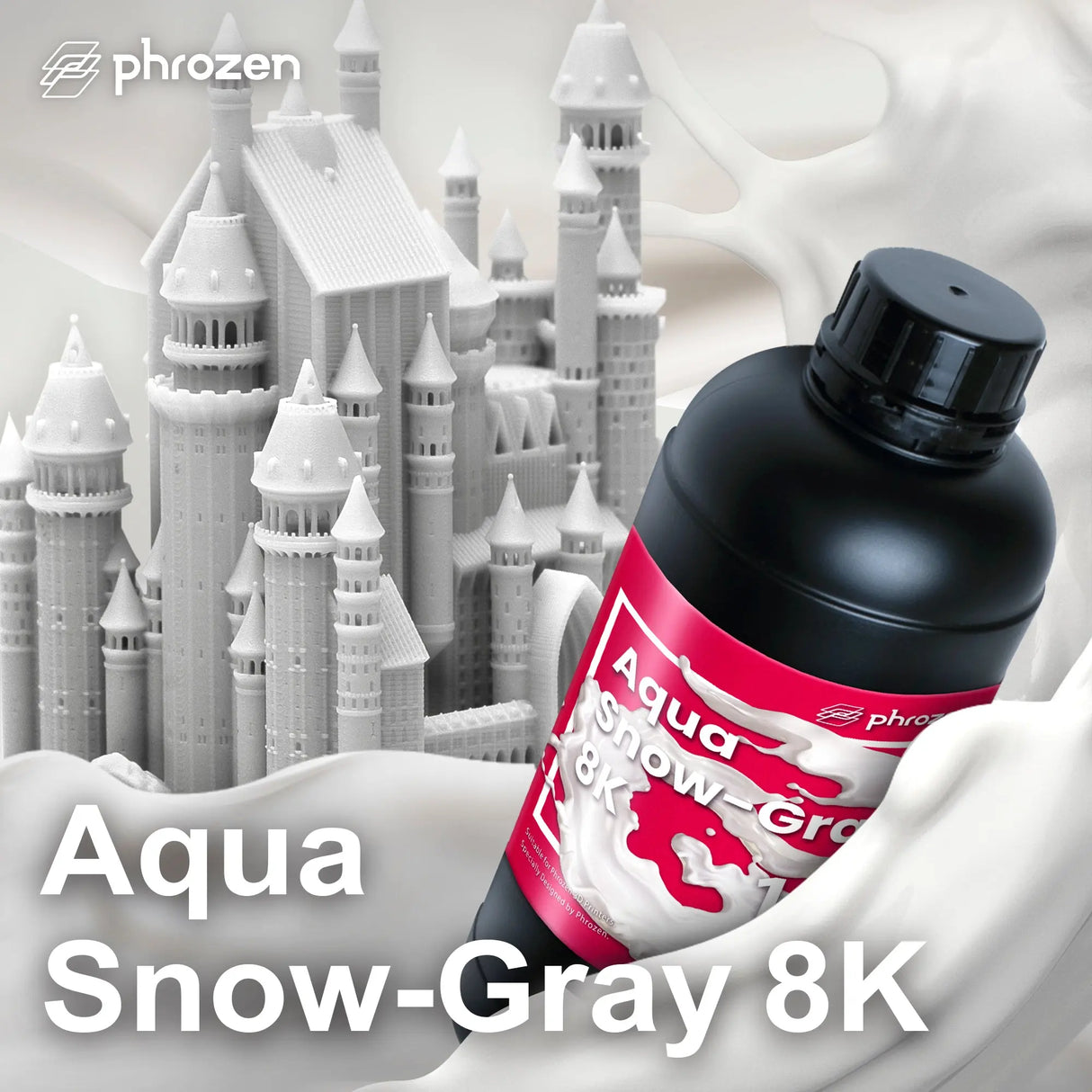 Close-up of Phrozen Aqua 8K Snow Gray resin 500ml bottle label