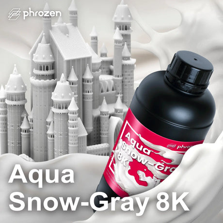 Close-up of Phrozen Aqua 8K Snow Gray resin 500ml bottle label