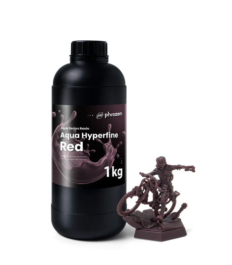 Phrozen Aqua Hyperfine Red resin 1kg bottle with printed sci-fi character miniature