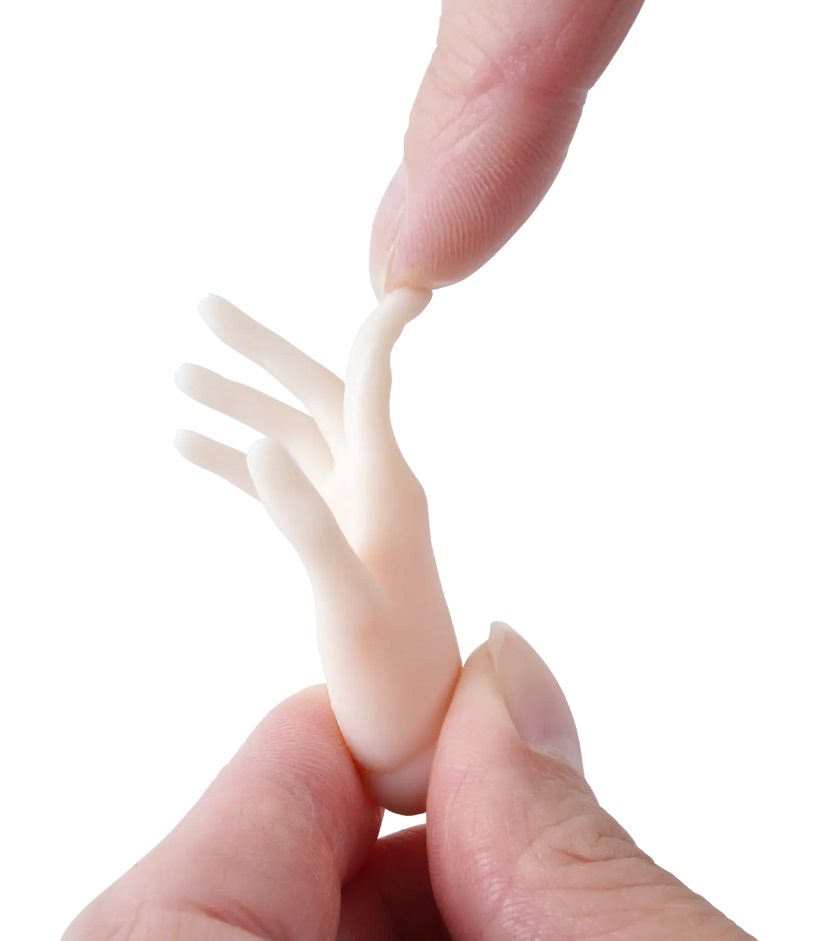Ball jointed doll hand printed in Phrozen BJD Soft Light Blush Ivory resin, held between two fingers to show the resin's flexibility and softness
