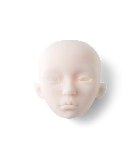 Ball jointed doll face printed in Phrozen BJD Soft Light Blush Ivory resin, showing fine detail in the eyes, nose, and lips.