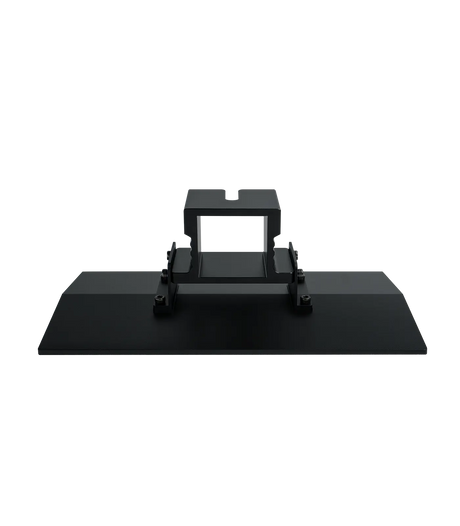 Phrozen Mighty 14 16K build plate viewed from the front, showing the solid matte black anodised aluminium plate surface and centre-mounted carriage bracket with locking mechanism