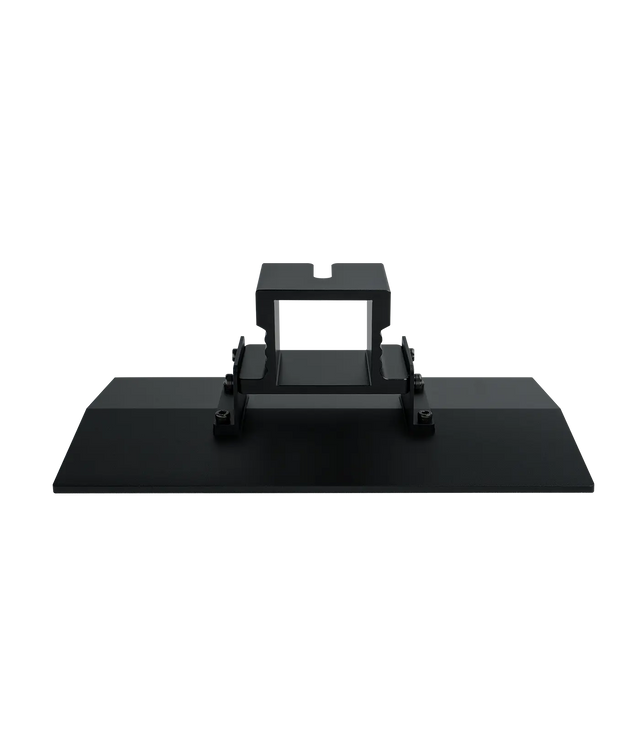 Phrozen Mighty 14 16K build plate viewed from the front, showing the solid matte black anodised aluminium plate surface and centre-mounted carriage bracket with locking mechanism