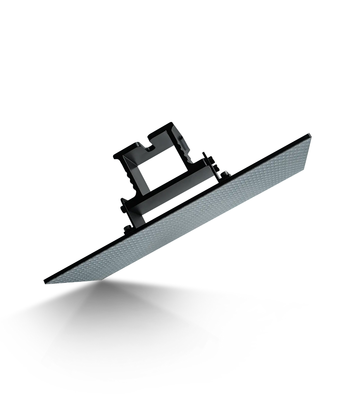 Phrozen Mighty 14 16K build plate tilted to reveal the textured print surface with micro-pattern grip finish, carriage arm bracket visible from below, against a black background