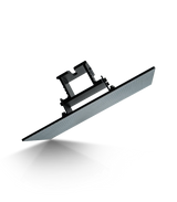 Phrozen Mighty 14 16K build plate tilted to reveal the textured print surface with micro-pattern grip finish, carriage arm bracket visible from below, against a black background