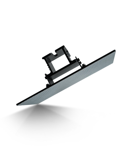 Phrozen Mighty 14 16K build plate tilted to reveal the textured print surface with micro-pattern grip finish, carriage arm bracket visible from below, against a black background