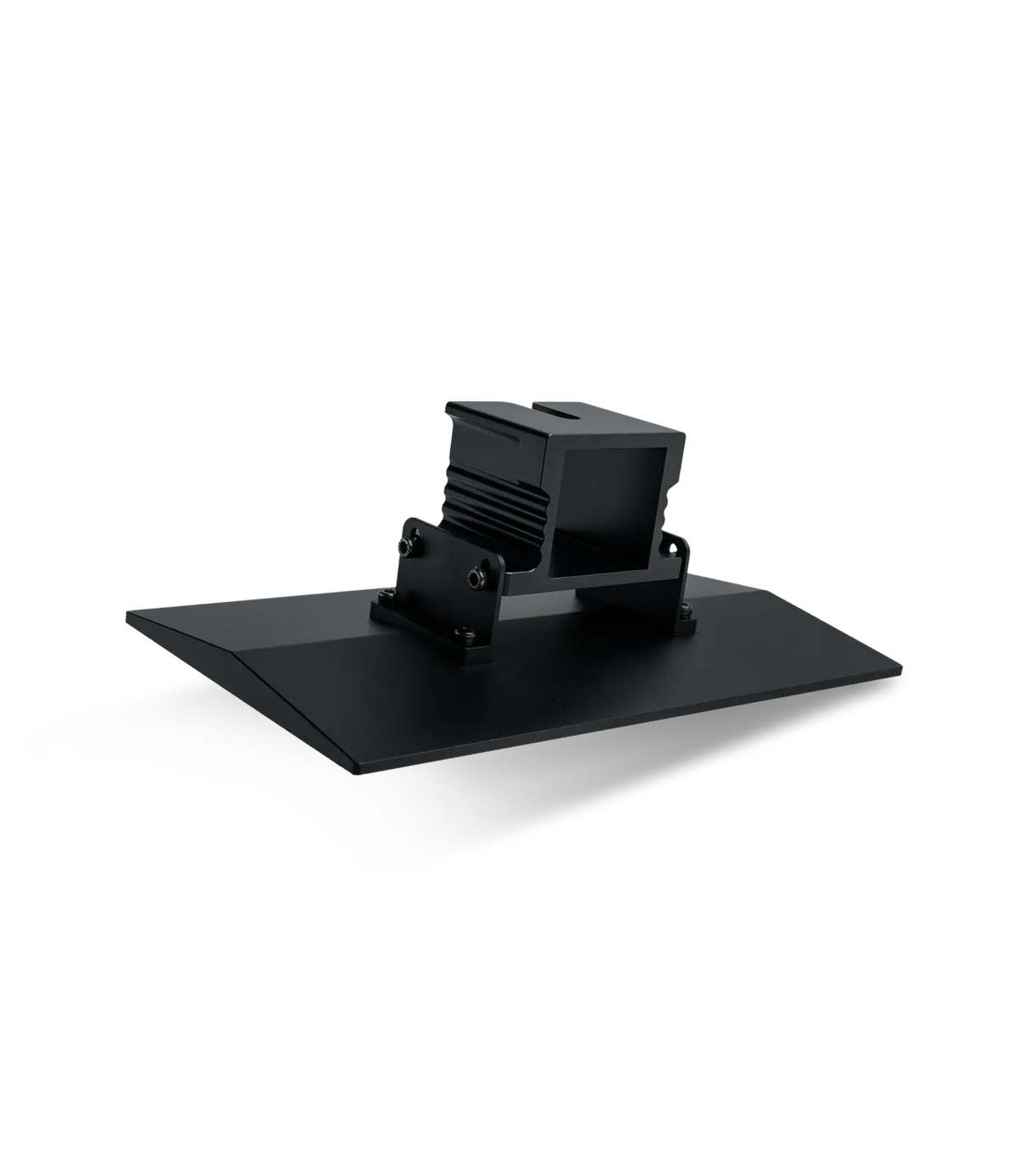 Phrozen Mighty 14 16K build plate shown from a low rear angle, displaying the anodised aluminium plate surface and rear-mounted carriage bracket assembly against a black background