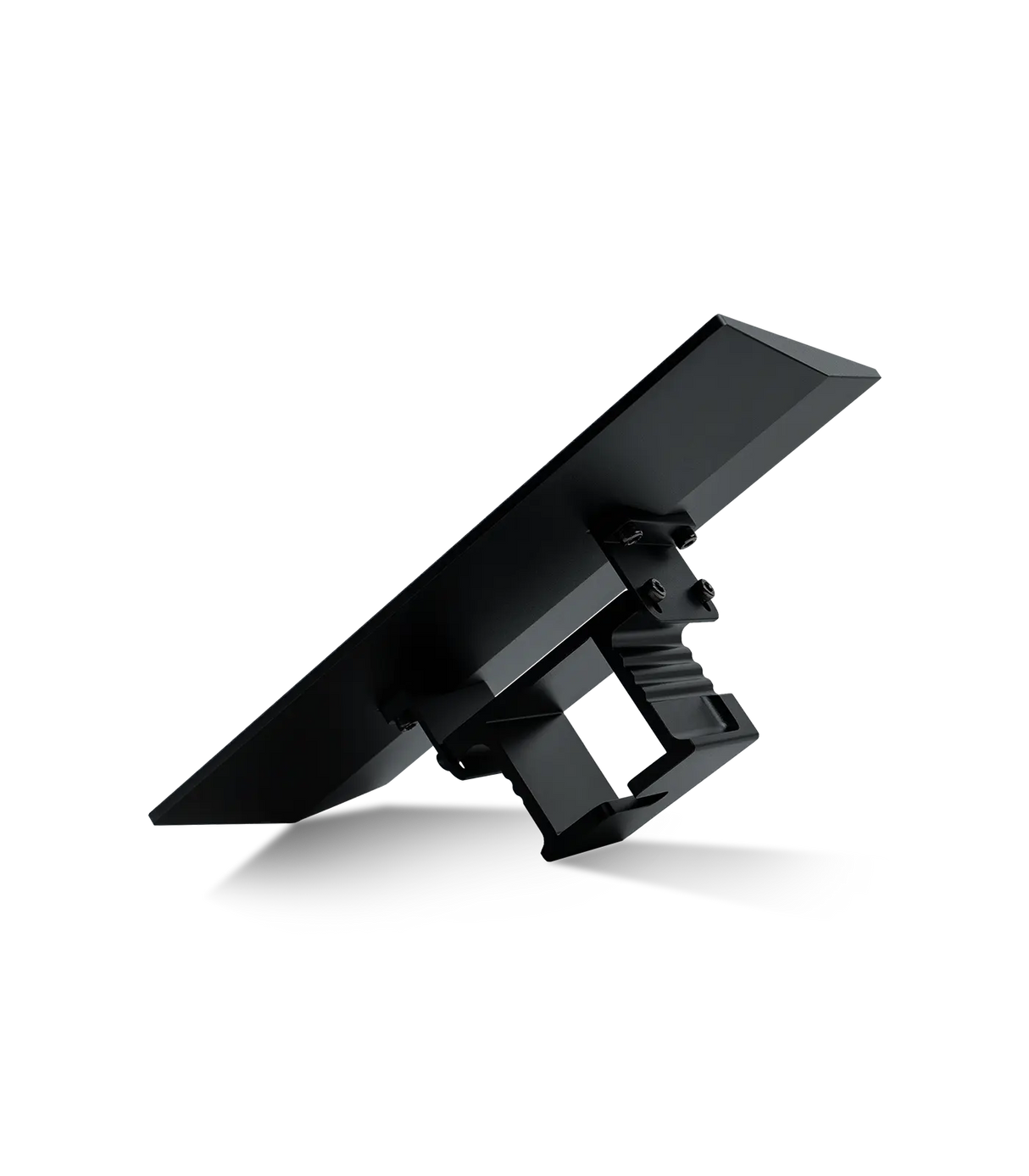 Phrozen Mighty 14 16K build plate tilted to reveal the textured print surface with micro-pattern grip finish, carriage arm bracket visible from below, against a black background