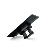 Phrozen Mighty 14 16K build plate tilted to reveal the textured print surface with micro-pattern grip finish, carriage arm bracket visible from below, against a black background