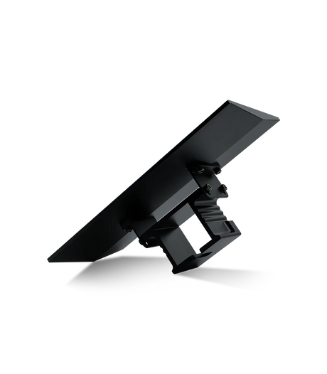 Phrozen Mighty 14 16K build plate tilted to reveal the textured print surface with micro-pattern grip finish, carriage arm bracket visible from below, against a black background