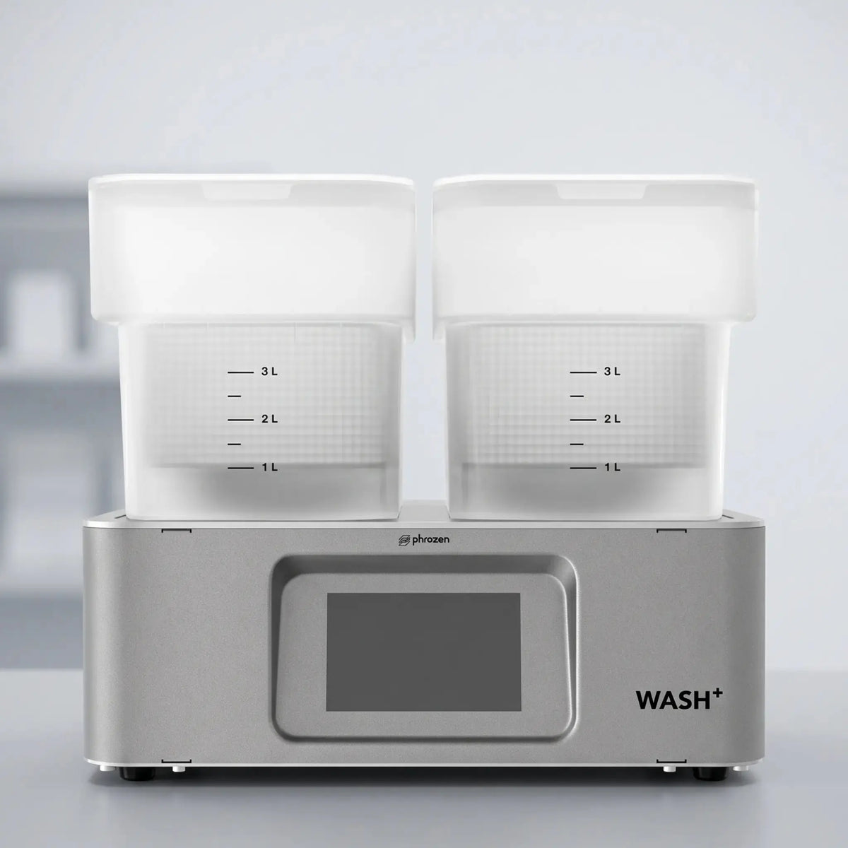 Phrozen Wash+ dental resin washing unit with two translucent 3L wash tanks and a touchscreen control panel