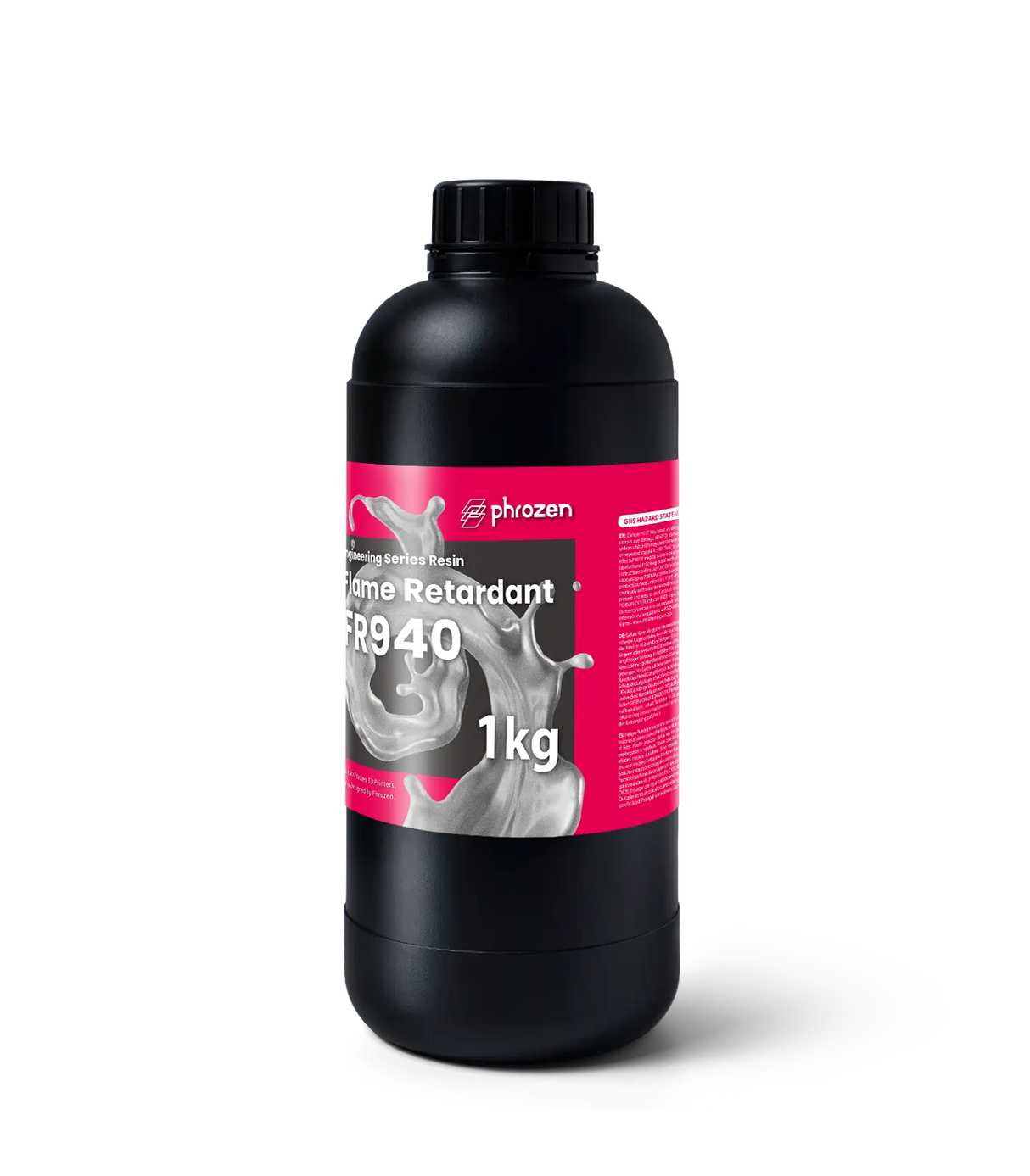 Phrozen Flame Retardant FR940 Engineering Series Resin 1kg bottle side view with GHS hazard statement