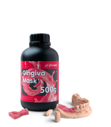 Phrozen Gingiva Mask resin bottle beside a printed gingiva sample, implant post, and partial arch model