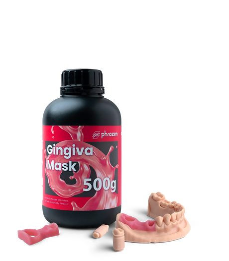 Phrozen Gingiva Mask resin bottle beside a printed gingiva sample, implant post, and partial arch model