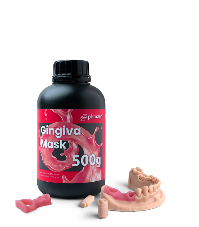 Phrozen Gingiva Mask resin bottle beside a printed gingiva sample, implant post, and partial arch model