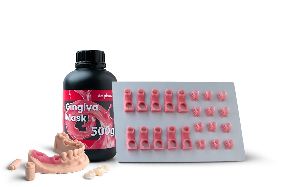 Phrozen Gingiva Mask resin bottle with a printed arch model and a build plate of gingiva mask parts