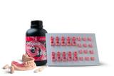 Phrozen Gingiva Mask resin bottle with a printed arch model and a build plate of gingiva mask parts