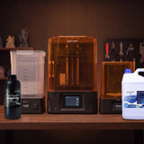 Phrozen Sonic Mighty Revo 14K resin 3D printer starter kit with wash station, cure station, Aqua Hyperfine Graphite resin and Resinaway on warm timber workbench