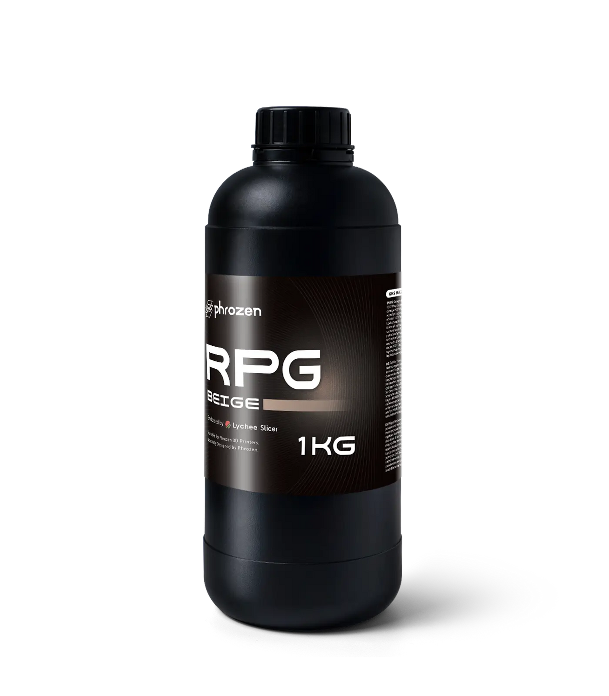 Phrozen RPG Beige Lychee Slicer endorsed miniature resin 1kg bottle side view with GHS hazard statement