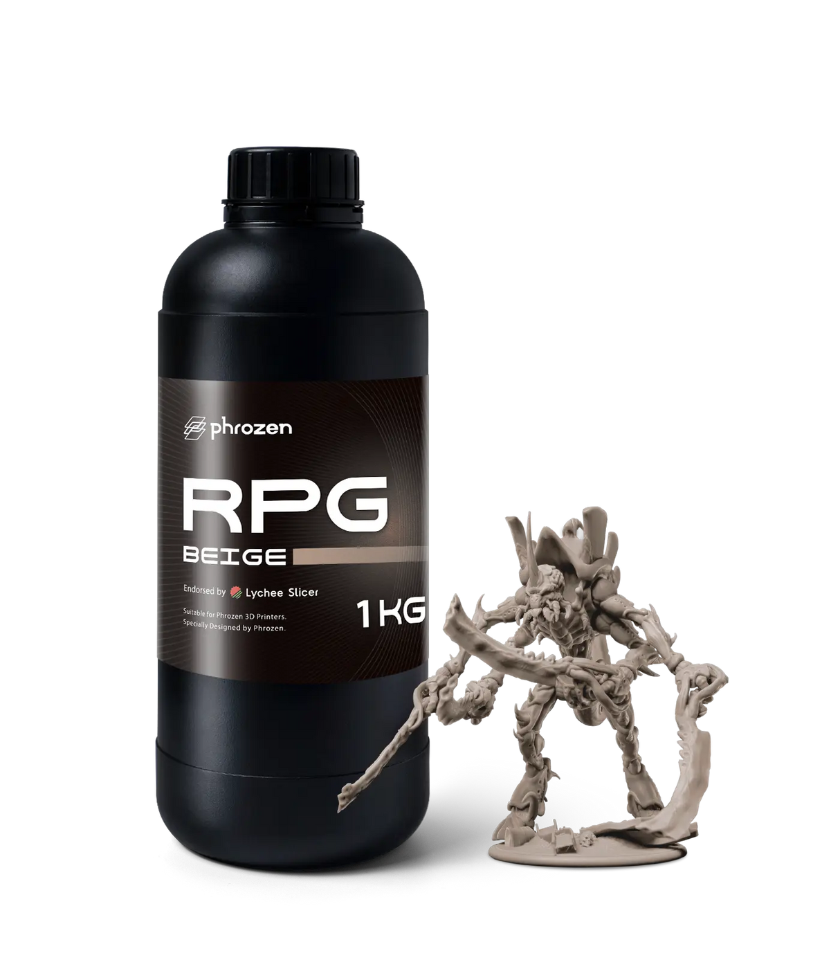 Phrozen RPG Beige resin 1kg bottle with printed fantasy creature miniature