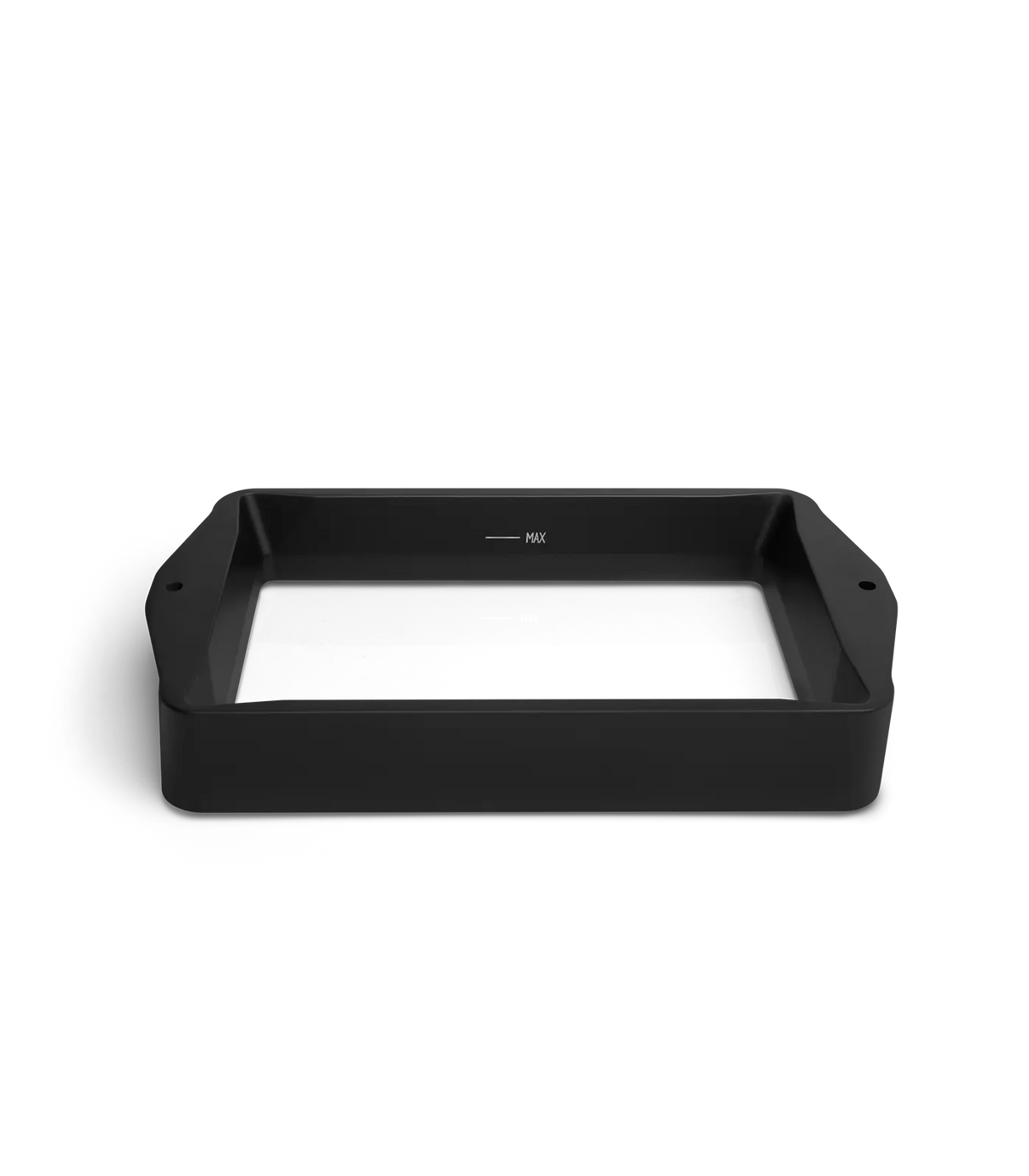 Phrozen Sonic Mini 8K and 8KS resin vat viewed from the front, showing the rectangular matte black frame, side mounting tabs with alignment holes, and MAX resin fill indicator on the inner wall