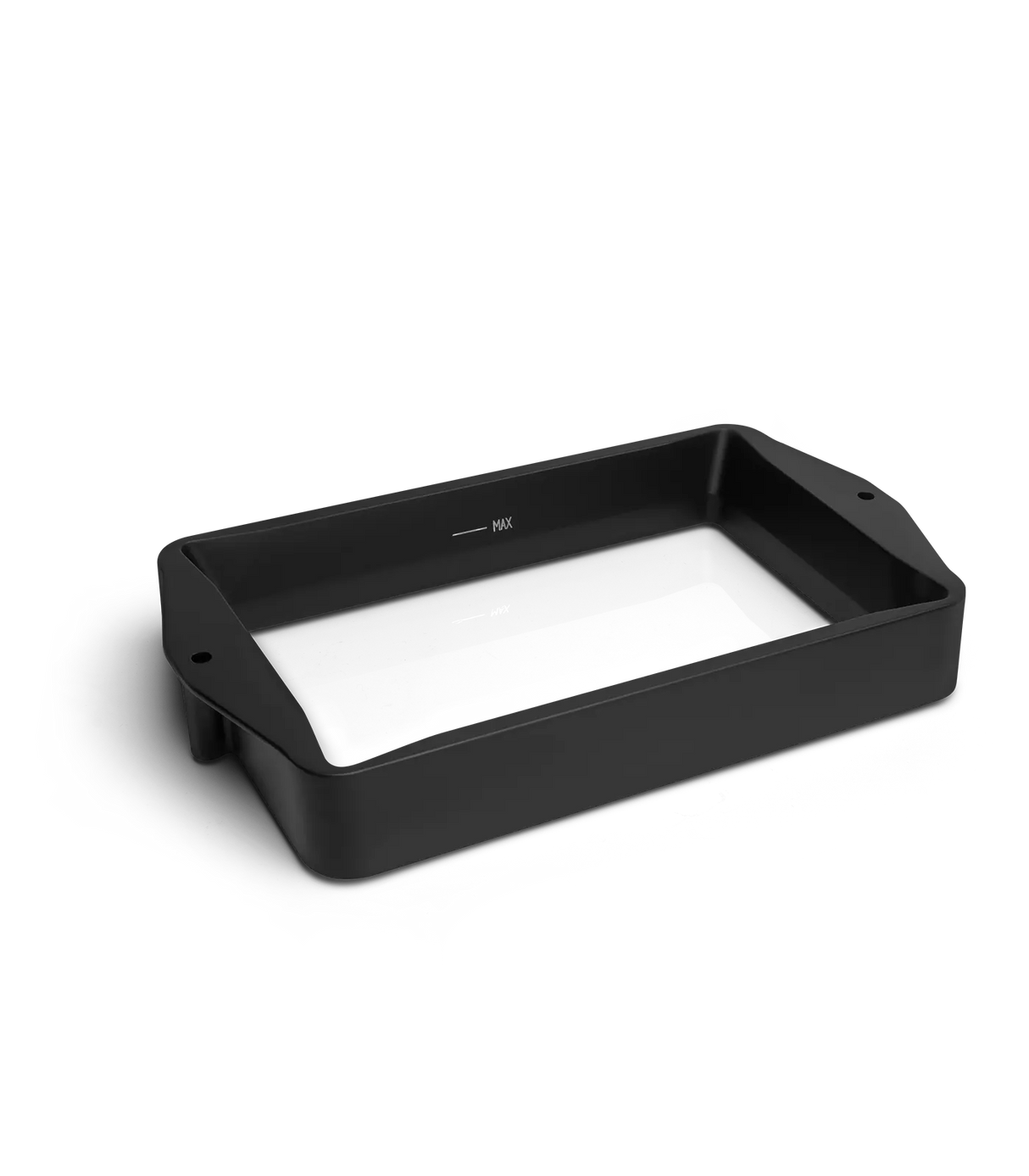 Phrozen Sonic Mini 8K and 8KS resin vat shown from a low front angle, displaying the matte black anodised aluminium frame, FEP film base, and MAX fill line marked on the inner wall