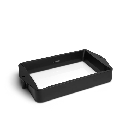 Phrozen Sonic Mini 8K and 8KS resin vat shown from a low front angle, displaying the matte black anodised aluminium frame, FEP film base, and MAX fill line marked on the inner wall
