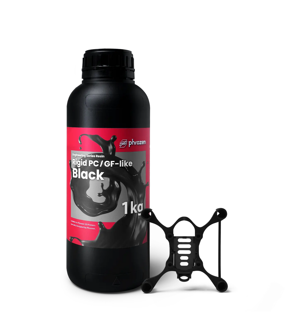 Phrozen Rigid PC/GF-like Black 3D printer resin 1kg bottle with a printed drone frame sample showing strength and precision