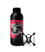 Phrozen Rigid PC/GF-like Black 3D printer resin 1kg bottle with a printed drone frame sample showing strength and precision