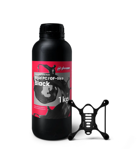 Phrozen Rigid PC/GF-like Black 3D printer resin 1kg bottle with a printed drone frame sample showing strength and precision