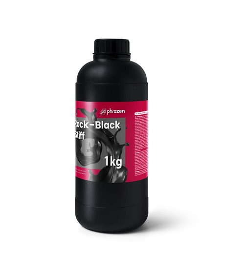 Phrozen Rock Black Stiff engineering resin 1kg bottle side view with GHS hazard statement
