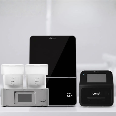 Phrozen Sonic CS+ resin 3D printer with a glossy black panel, alongside the Wash+ washing unit and Cure+ curing unit.