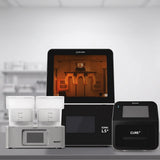 Phrozen Sonic LS+ dental resin 3D printer mid print, showing an illuminated dental arch model inside, flanked by the Wash+ washing unit and Cure+ curing unit.