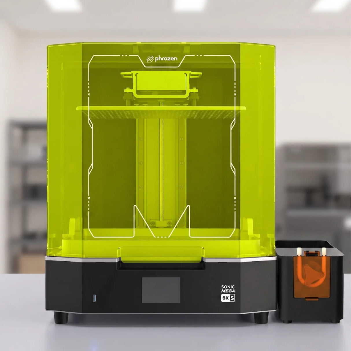 Phrozen Sonic Mega 8KS resin 3D printer super bundle with Pump and Fill automated resin management on commercial studio desk