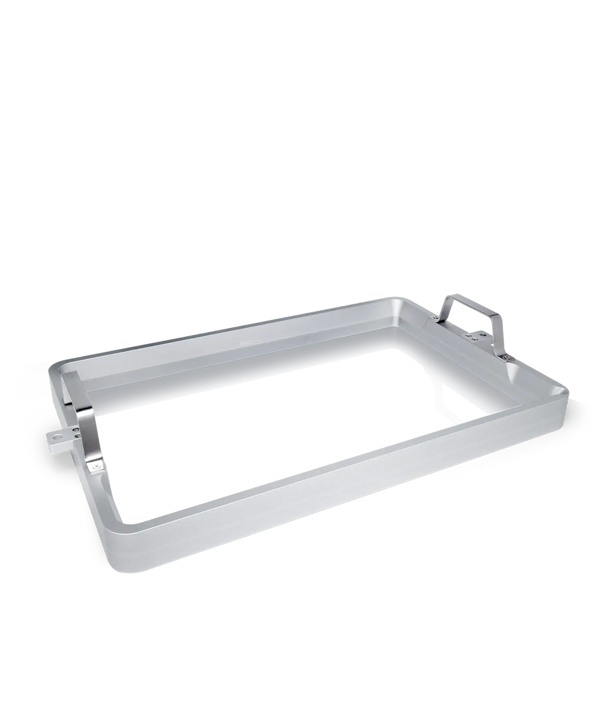 Phrozen Sonic Mega 8K S resin vat, angled view from the opposite corner, showing the aluminium frame, metal handles, and MAX fill line.