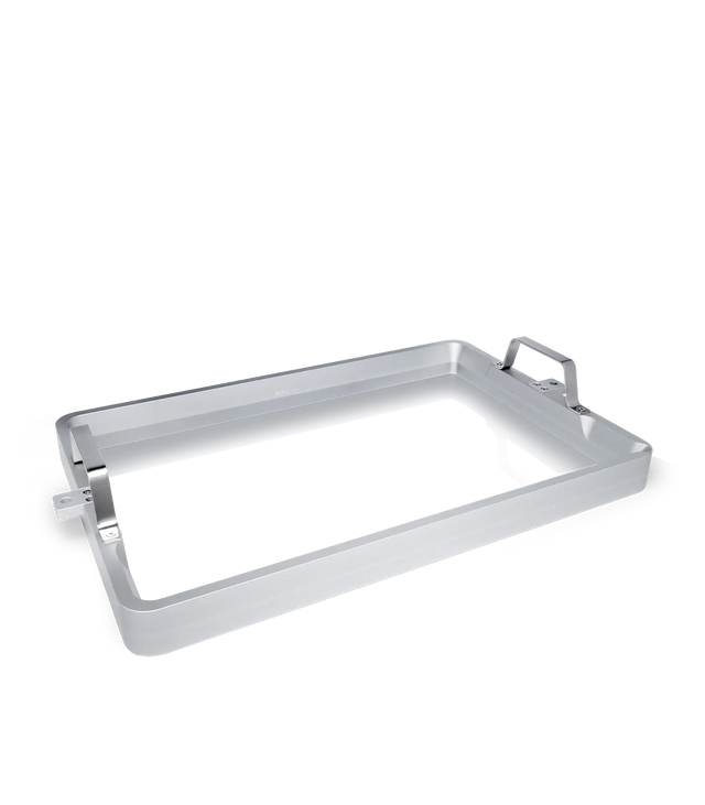 Phrozen Sonic Mega 8K S resin vat, angled view from the opposite corner, showing the aluminium frame, metal handles, and MAX fill line.