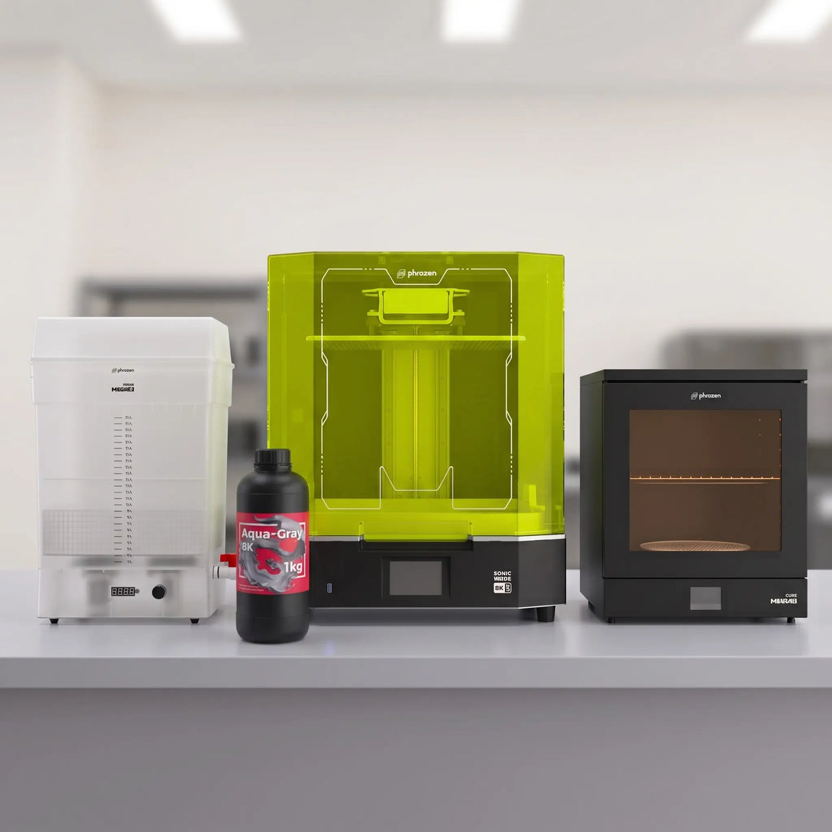 Phrozen Sonic Mega 8KS resin 3D printer awesome bundle with Wash Mega S, Cure Mega S, Aqua-Gray 8K resin and Resinaway on commercial studio desk