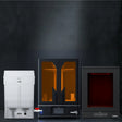 Phrozen Sonic Mega 8K V2 industrial resin 3D printer with Cure Mega UV curing station and Wash Mega S washing station on dark steel surface in production environment