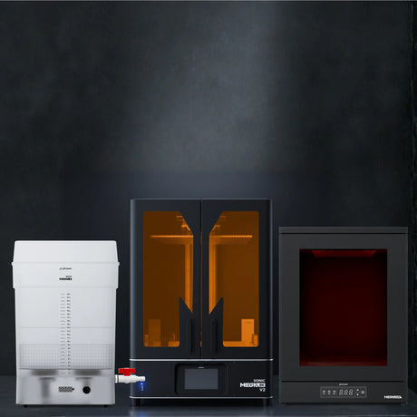 Phrozen Sonic Mega 8K V2 industrial resin 3D printer with Cure Mega UV curing station and Wash Mega S washing station on dark steel surface in production environment