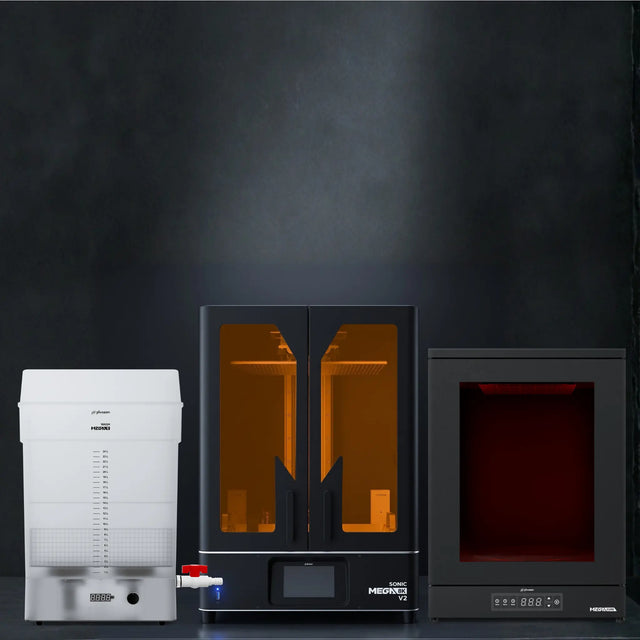 Phrozen Sonic Mega 8K V2 industrial resin 3D printer with Cure Mega UV curing station and Wash Mega S washing station on dark steel surface in production environment