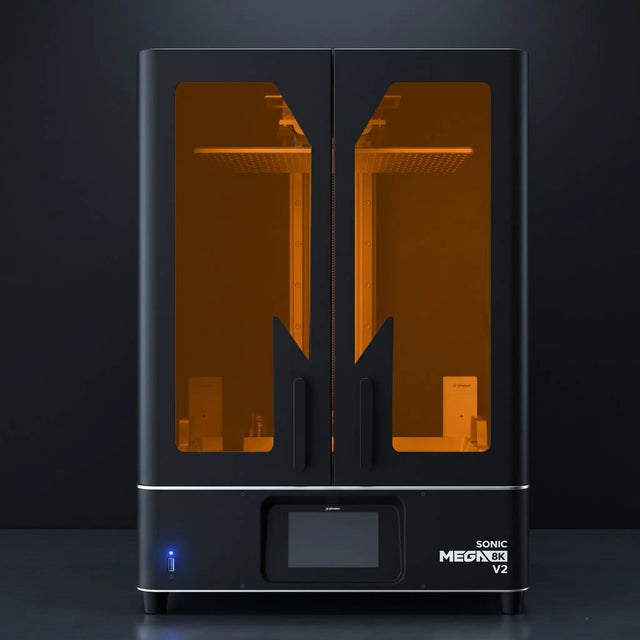 Phrozen Sonic Mega 8K V2 industrial resin 3D printer front view on dark steel surface in production environment