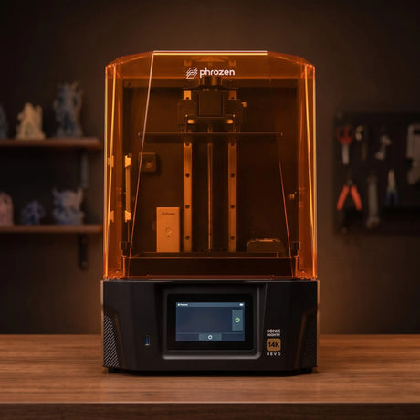 Phrozen Sonic Mighty Revo 14K resin 3D printer front view on warm timber workbench